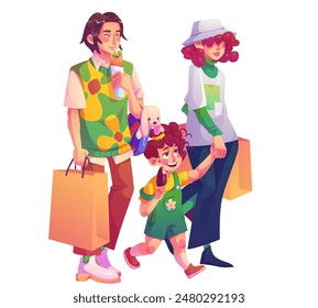 Familia sonriente feliz compra productos en centro comercial o supermercado con bolsas de compras. Caricatura Vector joven hombre, mujer y niña personaje comprador sosteniendo paquetes de papel. Personas que los compradores compran en la tienda.