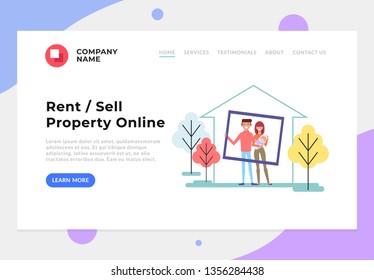 Happy smiling family buying house. Sale and rent property. Vector flat cartoon graphic design banner poster concept