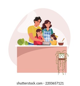 Feliz cena familiar sonriente cocinando juntos en la ilustración plana vectorial de la cocina. Los padres enseñan a los niños a cocinar con antecedentes blancos. Madre, padre e hija pasan tiempo juntos en casa.