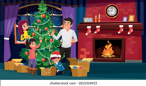 Happy smiling family decorating Christmas tree. Mother, father, son and daughter in living room interior with fireplace in flat cartoon style. Parents and children Christmas design.Vector illustration