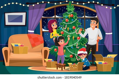 Happy smiling family decorating Christmas tree. Mother, father, son and daughter in living room interior with fireplace in flat cartoon style. Parents and children Christmas design.Vector illustration