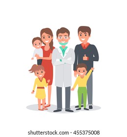 
Happy Smiling Family And Dentist. Vector Illustration Isolated.