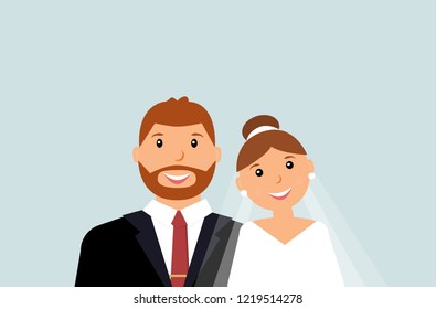 Happy smiling family: groom and bride on the light blue background. Wedding card with the newlyweds. Loving couple. Just married. Vector illustration