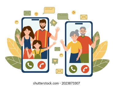 Happy  smiling family making video call on smartphone with grandparents and wawing. Mother, father, daughter, grandmother and grandfather on phone screen. Different generation of family. Flat vector.