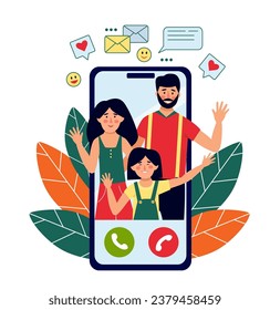 Happy smiling family making video call on smartphone and waving. Mother, father, daughter on phone screen. Vector illustration
