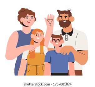 Happy smiling family members spending time together at home. Mother, father and children. Cute cartoon characters isolated on white background. Flat vector illustration of parents and children.