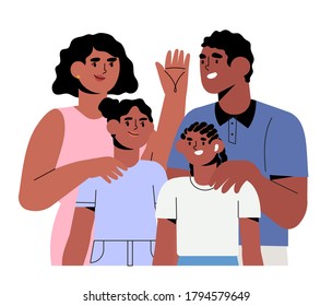 Happy smiling family members spending time together at home. Mother, father and children. Cute cartoon characters isolated on white background. Flat vector illustration of parents and children.