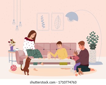 Happy smiling family people sitting at table and playing jenga, board or tabletop games. Stay at home during quarantine. Home leisure activity for friends. Family fun. Cartoon flat vector illustration
