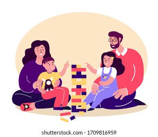 Happy Smiling Family Playing Board Game.Young Adult Parents. Couple Woman,Man,Mother,Father,Husband, Wife,Child Kid Daughter, Son.Girl,Boy Relatives Children Have Fun Together.Flat Vector Illustration