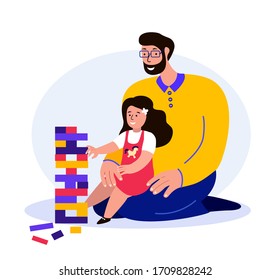 Feliz Juego De Mesa De La Familia Sonriente. Padre Adulto Joven. Papá, padre se comunica con su hija. Niña, niños y papá que se preocupa. Familiares se divierten juntos. Ilustración de vectores planos