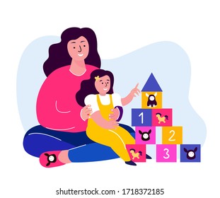 Happy Smiling Family Playing Cubes Bricks Game.Young Adult Parent.Mother,Mom Communicating with Baby Child Kid Daughter.Girl,Children and Caring Babysitter.Having Fun Together.Flat Vector Illustration