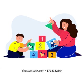 Happy Smiling Family Playing Cubes Bricks Game. Young Adult Parent and Child. Caring Babysitter. Having Fun Together. Flat Vector Illustration