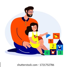 Happy Smiling Family Playing Cubes Bricks Game.Young Adult Parent.Father,Dad Communicating with Baby Child Kid Daughter.Girl,Children and Caring Babysitter.Having Fun Together.Flat Vector Illustration