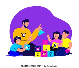 Happy Smiling Family Playing Cubes Bricks Game.Young Adult Parent.Father,Dad Communicating,Baby Children Kids Daughters,Son.Girl,Boy.Child,Caring Babysitter. Have Fun Together.Flat Vector Illustration