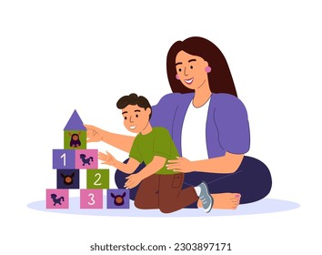 Happy Smiling Family Playing Cubes Bricks Game.Young Adult Parent.Mother,Mom Communicating with Baby Child Kid Son.Boy,Children ,Caring Babysitter.Having Fun Together.Flat Vector Illustration Isolated