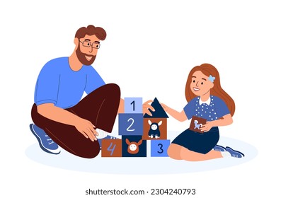 Happy Smiling Family Playing Cubes Bricks Game.Young Adult Parent.Father,Dad Communicating with Baby Child Kid Daughter.Girl,Child,Caring Babysitter.Having Fun Together.Flat Illustration Isolated