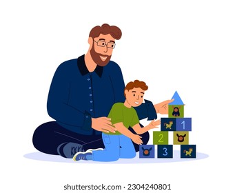 Happy Smiling Family Playing Cubes Bricks Game.Young Adult Parent.Father,Dad Communicating with Baby Child Kid Son.Boy,Children,Caring Babysitter.Having Fun Together.Flat Vector Illustration Isolated