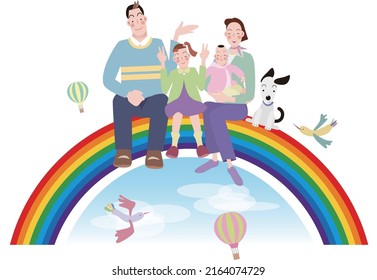 A happy smiling family sitting on a rainbow in a dream.vector illustration
