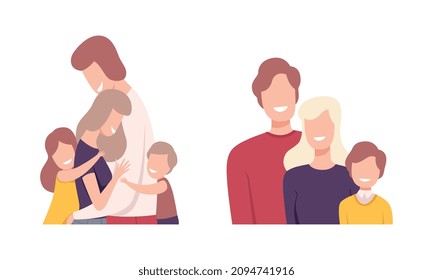 Happy Smiling Family Together Cuddling and Embracing Vector Set