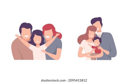 Happy Smiling Family Together Cuddling and Embracing Vector Set