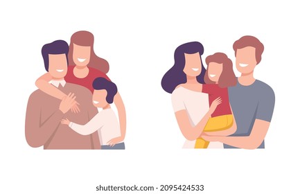 Happy Smiling Family Together Cuddling and Embracing Vector Set