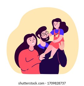 Happy Smiling Family.Father,Mother and Daughter Together.Young Adult Parents. Baby Girl Sitting on Dad Shoulders.Man,Woman and Child Kid.Loving,Caring Papa.Relative Having Fun.Flat Vector Illustration