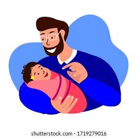 Happy Smiling Family.Loving Man Talking,Dandling,Playing with Newborn Baby Caring,Nursing in Hands.Paternity Father Lullaby.Dad, Cheerful Child. Fatherhood Support. Birth Kid. Flat Vector Illustration