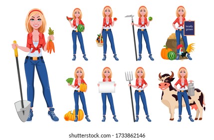 Happy smiling farm girl, set of nine poses. Beautiful farmer woman cartoon character. Vector illustration