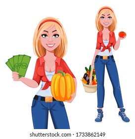 Happy smiling farm girl, set of two poses. Beautiful farmer woman cartoon character. Vector illustration