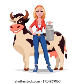 Happy smiling farm girl stands near cow and holds milk can. Beautiful farmer woman cartoon character. Vector illustration