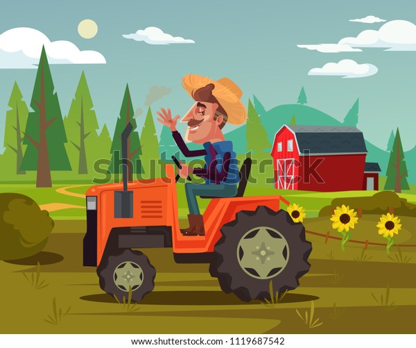 Happy smiling farmer driver\
ride tractor car and harvest vegetables fruits field. Agriculture\
farming country side flat cartoon graphic design concept\
illustration