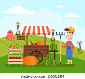 Happy smiling farmer local seller character standing near his shop store and sell fruits and vegetables. Farm agriculture concept. Vector flat cartoon design graphic banner illustration