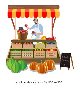 Happy smiling farmer local seller character standing near his shop store and sell fruits and vegetables. Farm agriculture concept. Vector flat cartoon design graphic banner illustration