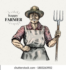Happy and smiling farmer with a pitchfork in his hands. Vector illustration.