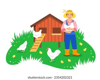 Happy smiling farmer woman holds a chicken in hands standing near chicken coop. Hens, rooster and little chicks graze in green grass. Free range poultry. Eco farming concept. Simple flat illustration