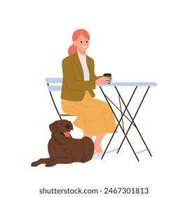 Happy smiling fashion woman isolated cartoon character with dog visiting pet friendly street cafe