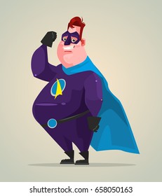 Happy smiling fat big super hero character. Vector flat cartoon illustration