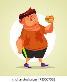 Happy smiling fat man character eating burger after cardio sport activity. Vector flat cartoon illustration