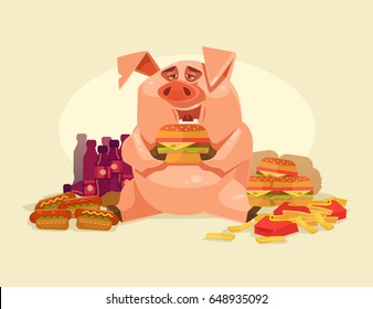 Feliz sonriente personaje de cerdo gordo comiendo comida rápida poco saludable. Problemas de obesidad. Ilustración de dibujos animados planos vectoriales