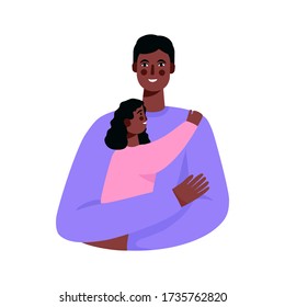 Happy smiling father and daughter. Father hug daughter with love and holding her in arms. Happy fathers day card. Flat cartoon vector illustration