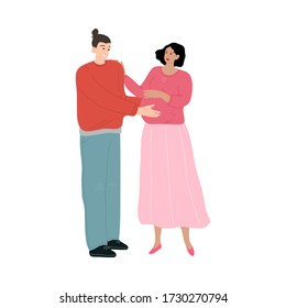 Happy smiling father embracing the belly of his pregnant wife. Vector illustration in the flat cartoon style.