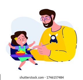 Happy Smiling Father Feeding his Daughter Playing.Young Adult Parent.Baby Girl Sitting on Highchair.Man Communicate with Little Child Kid.Caring Papa.Family Have Fun Together. Flat Vector Illustration