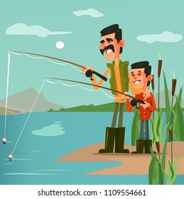 Happy smiling father fisherman dad and son characters fishing. Nature vacation hobby recreation concept flat cartoon design graphic isolated illustration