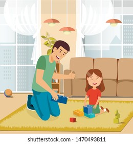 Happy Smiling Father Playing Toys Cube Bricks with Daughter in Educational Game at Home. Flat Living Room Interior Cartoon. Family Members Characters. Vector Dad Supporting Girl Illustration
