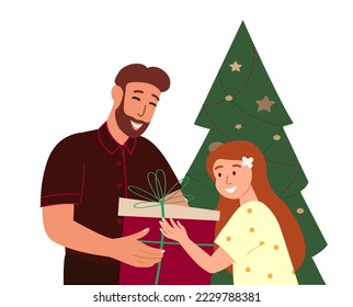 Happy Smiling Father presenting Gift,Present to his Daughter Kid,Celebrating Christmas and New Year together.Holiday Atmosphere,Decorated Christmas Tree,Family winter holiday.Flat vector illustration