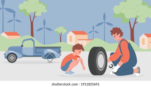 Feliz padre y su hijo sonrientes cambiando y reparando las ruedas de los autos juntos vectores de ilustración plana. Tiempo de familia juntos. Hombre arreglando problemas automovilísticos, el niño aprendiendo a reparar el vehículo daña.