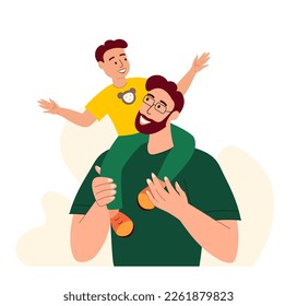 Happy Smiling Father and Son Playing.Young Adult Parent.Baby Boy Sitting on Dad Shoulders.Man Communicate with Child.Boy trust Caring Papa.Family Relatives Have Fun Together.Flat Vector Illustration