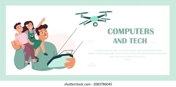 Happy Smiling Father,Children Kids Playing with Flying Drone.Father,Son, Daughter look at Robot Quadcopter,Innovation.Computers Tech Landing Page Template. Remote Piloted Aircraft. Vector Illustration