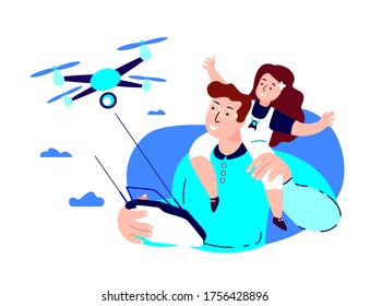 Happy Smiling Father,Daughter Flying Drone.Fathers Day. Parent,Baby Girl Sit on Dad Shoulders. Remotely Piloted Aircraft. Little Child Kid. Family Relatives Have Fun Together. Flat Vector Illustration