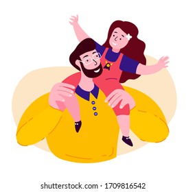 Happy Smiling Father,Daughter Playing. Young Adult Parent.Baby Girl Sitting on Dad Shoulders. Man Communicate with Child Kid.Child,Caring Papa. Family Relatives Have Fun Together. Flat Vector Illustration